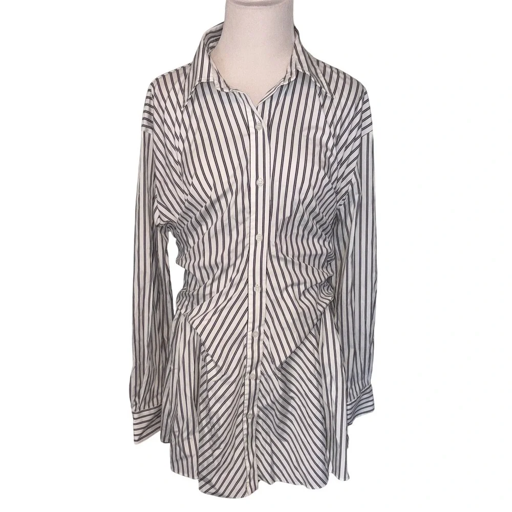 Moon River Striped Shirt Dress Medium M Blue White Ruched Coastal Office Tunic‎ - Picture 2 of 4